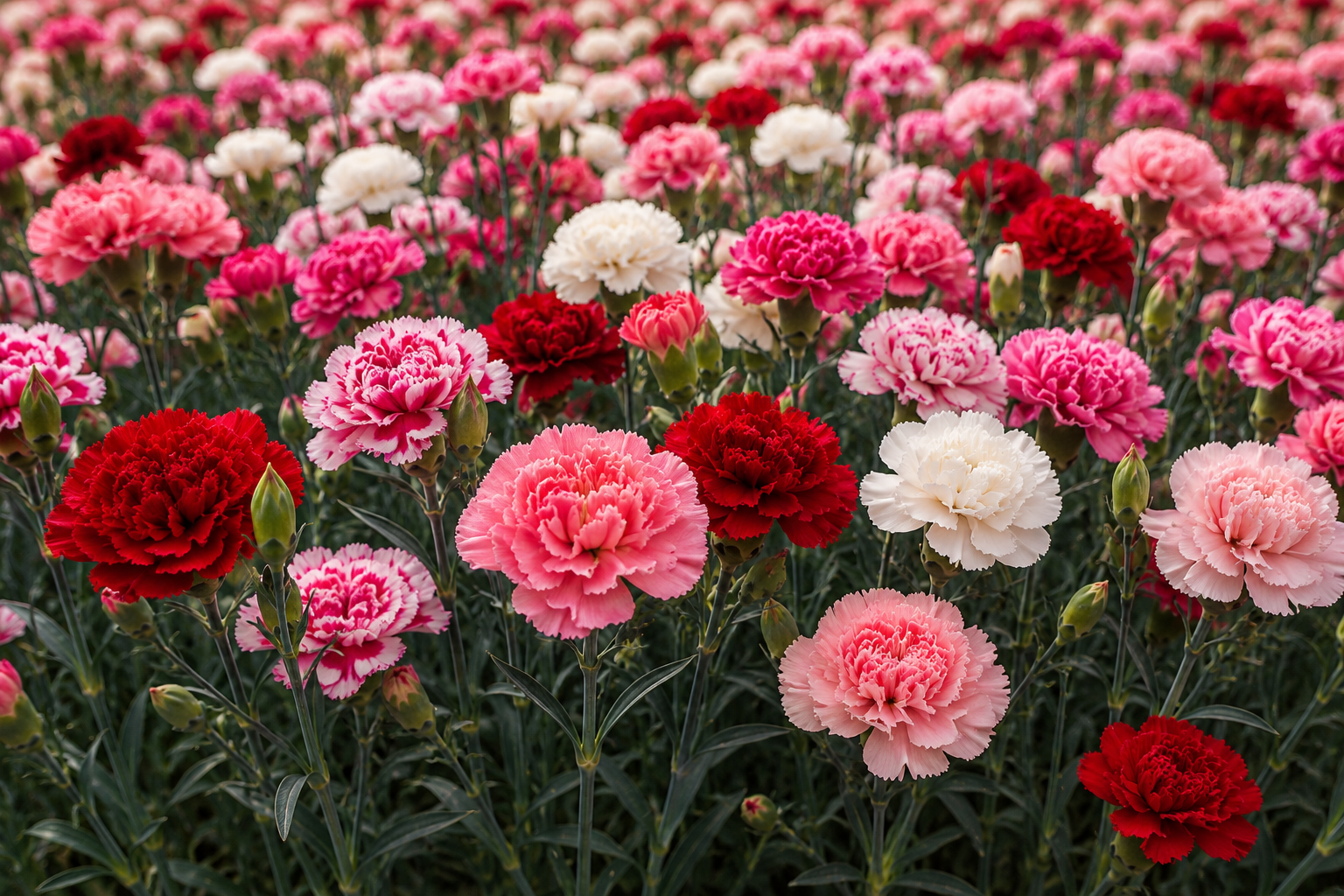 Cultivo de claveles colombianos en flor, rosados, rojos y blancos en campo verde