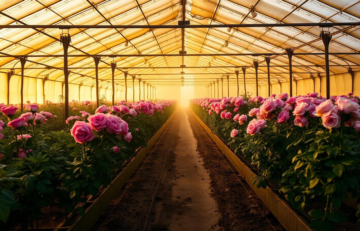 Cultivo de rosas en la sabana colombiana al amanecer